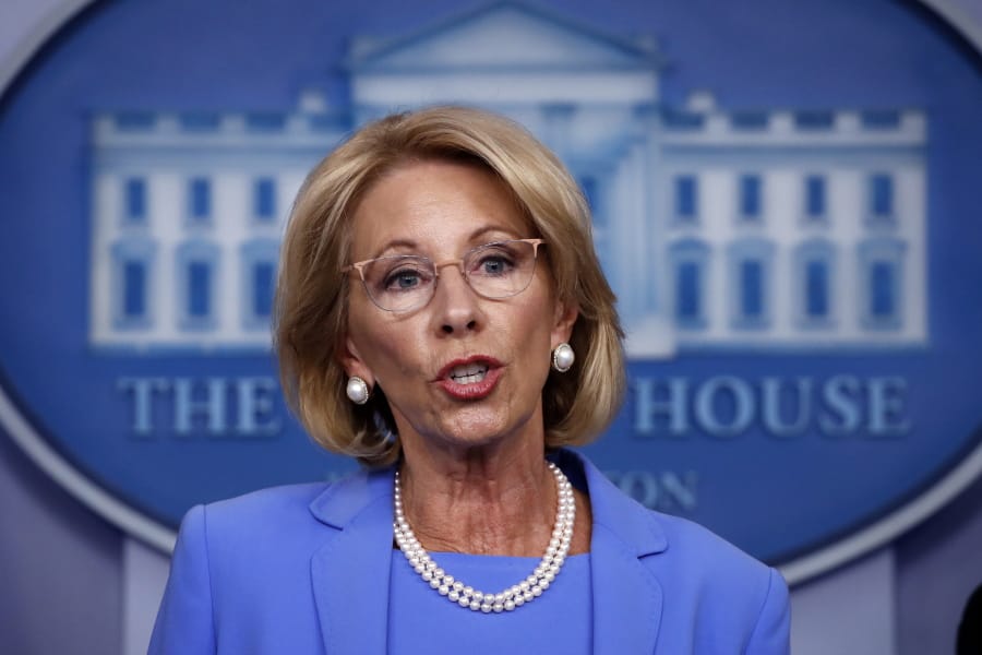 FILE - In this March 27, 2020, file photo, Education Secretary Betsy DeVos speaks about the coronavirus in the James Brady Press Briefing Room in Washington. The U.S. Education Department is promising to process student loan forgiveness claims for nearly 170,000 borrowers within 18 months as part of a proposed settlement announced Friday in a federal lawsuit filed in California. The lawsuit alleged that DeVos illegally stalled a program known as borrower defense to repayment, which forgives federal student loans for borrowers who are cheated by their colleges.