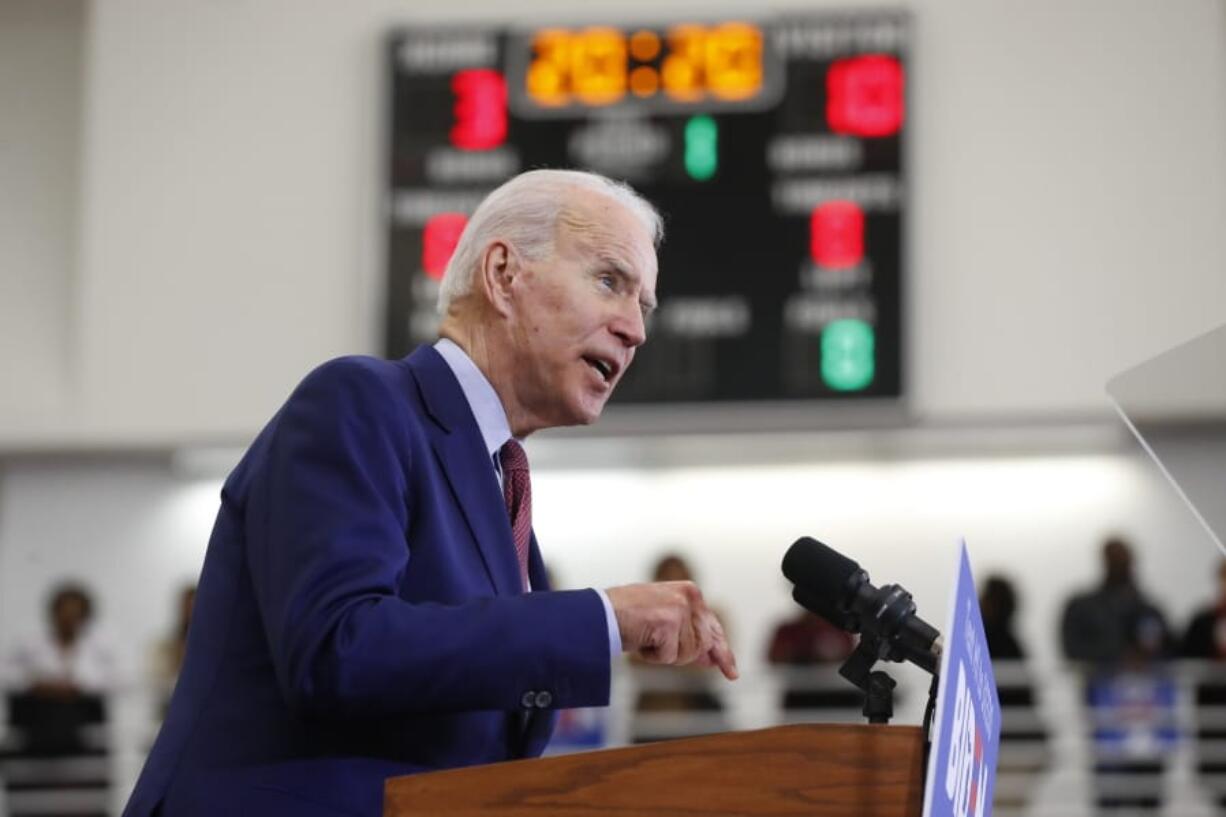 FILE - In this March 9, 2020, file photo, Democratic presidential candidate former Vice President Joe Biden speaks during a campaign rally at Renaissance High School in Detroit. The &quot;veepstakes&quot; competition that unfolds every four years is one of the most unpredictable, often awkward, rituals of politics. That&#039;s especially true this time as the pandemic has overtaken the presidential campaign, forcing those thought to be in the running for the No. 2 spot to be even more creative in getting noticed.