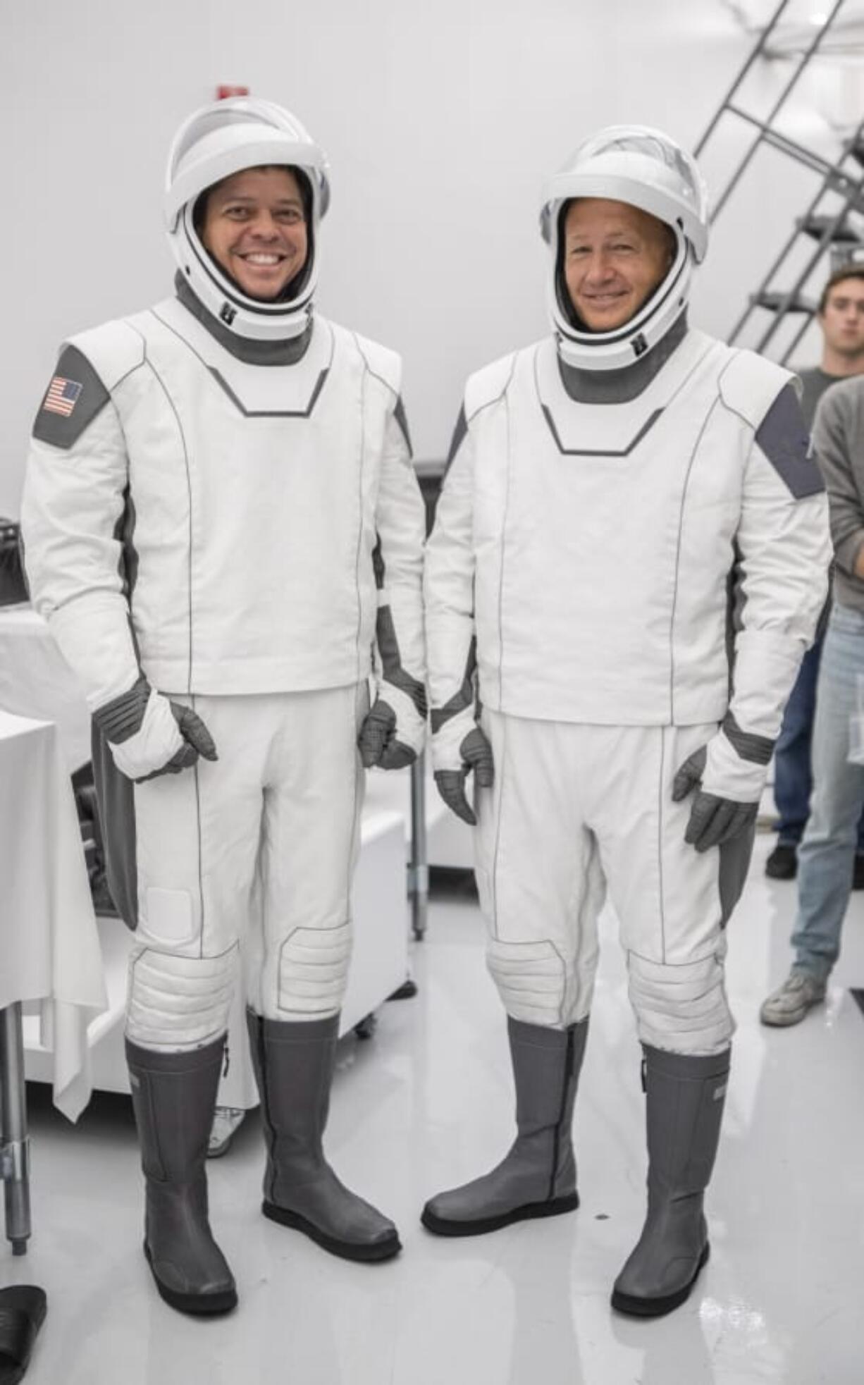 Astronauts Bob Behnken, left, and Doug Hurley in Hawthorne, Calif., during a joint training event between NASA and SpaceX in July.