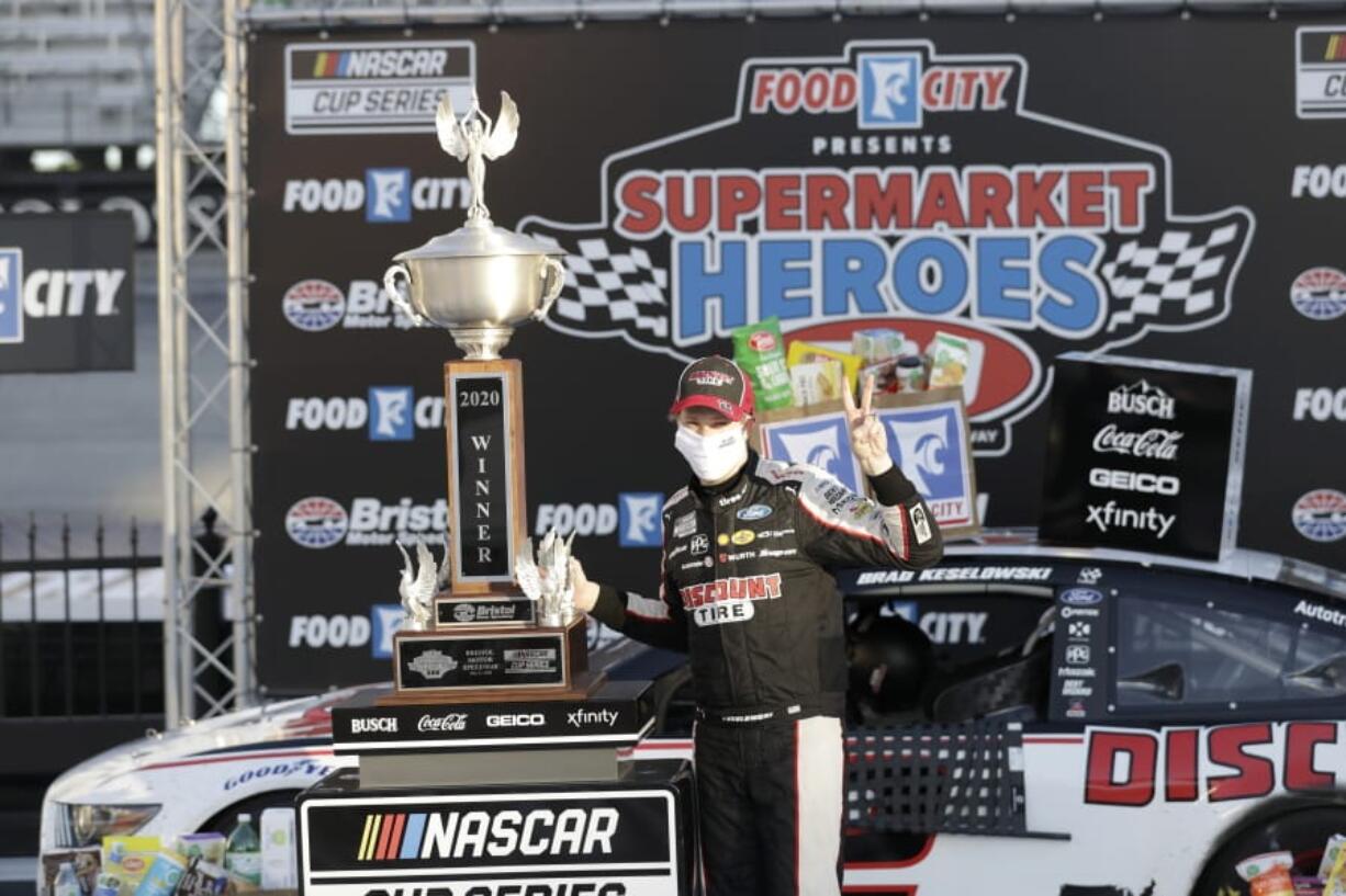 Brad Keselowski (2) celebrates after winning a NASCAR Cup Series auto race at Bristol Motor Speedway Saturday, May 30, 2020, in Bristol, Tenn.