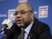 FILE - In this Dec. 3, 2012, file photo, Bob Watson talks about the selections made to the Baseball Hall of Fame by the pre-integration era committee, at the baseball winter meetings in Nashville, Tenn. Watson, a two-time All-Star as a player who later became the first African American general manager to win a World Series with the Yankees in 1996, has died. He was 74.