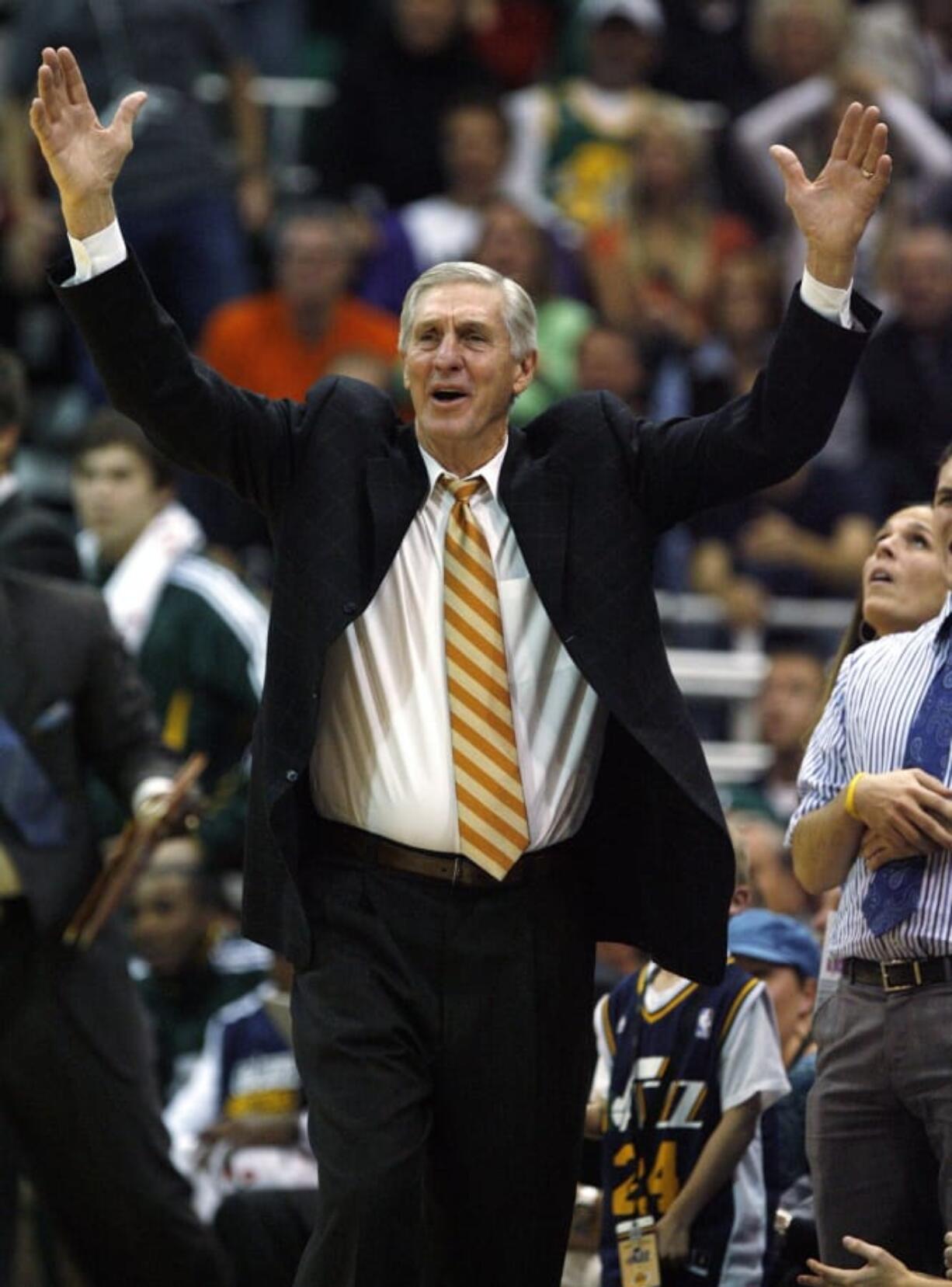 FILE - This Nov. 26, 2010, file photo shows Utah Jazz head coach Jerry Sloan protesting a call by officials during the first half of an NBA basketball game against the Los Angeles Lakers in Salt Lake City. The Utah Jazz have announced that Jerry Sloan, the coach who took them to the NBA Finals in 1997 and 1998 on his way to a spot in the Basketball Hall of Fame, has died. Sloan died Friday morning, May 22, 2020, the Jazz said, from complications related to Parkinson&#039;Aos disease and Lewy body dementia. He was 78. (AP Photo/Steve C.