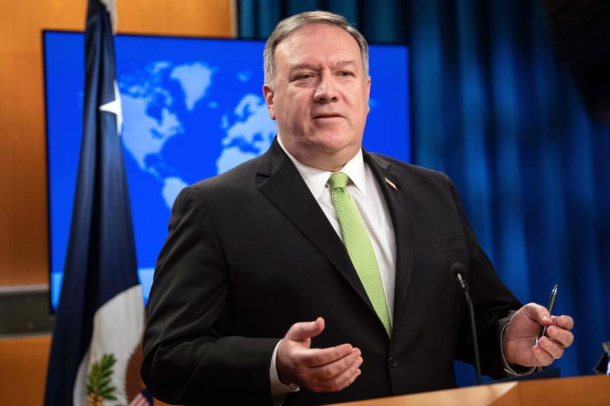 Secretary of State Mike Pompeo speaks during a press briefing at the State Department on Wednesday, May 20, 2020, in Washington.