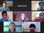 In this screenshot provided by SpellPundit, spellers and organizers of the SpellPundit Online National Spelling Bee participate in semifinals Tuesday night, May 26, 2020. The bee was launched after the Scripps National Spelling Bee was canceled because of the coronavirus pandemic.