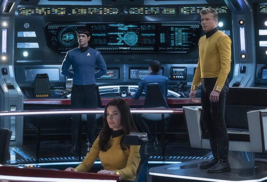 Ethan Peck as Spock, from left, Rebecca Romijn as Number One, and Anson Mount as Captain Pike of the CBS All Access series &quot;Star Trek: Strange New Worlds.&quot; (Michael Gibson/CBS)