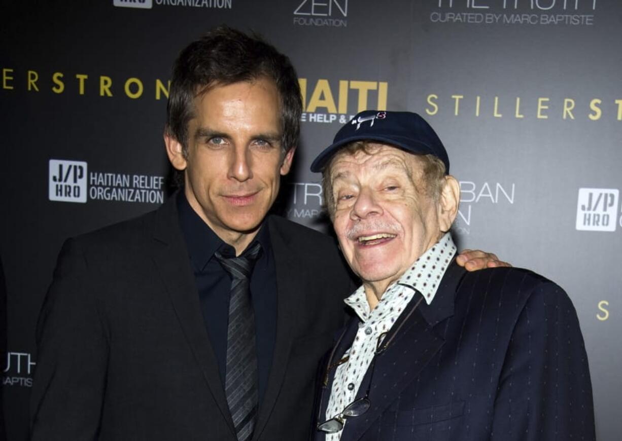 In this Feb. 11, 2011, photo, Ben Stiller, left, and his father Jerry Stiller arrive at the Help Haiti benefit honoring Sean Penn hosted by the Stiller Foundation and The J/P Haitian Relief Organization, in New York. Comedian veteran Jerry Stiller, who launched his career opposite wife Anne Meara in the 1950s and reemerged four decades later as the hysterically high-strung Frank Costanza on the smash television show &quot;Seinfeld,&quot; died at 92, his son Ben Stiller announced Monday.