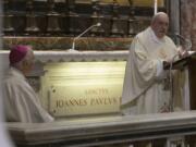 Pope Francis celebrates a Mass for the 100th anniversary of the birth of Pope John Paul II, in St. Peter&#039;s Basilica, at the Vatican Monday, May 18, 2020. The Pope held the morning mass in the chapel where is located the grave of John Paul II.