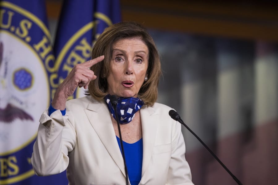 In this April 30, 2020, photo, House Speaker Nancy Pelosi of Calif. speaks during a news conference on Capitol Hill in Washington. House Democrats are seeking to drive the debate on the next coronavirus response bill. They&#039;re promising a mega-package stuffed with Democratic priorities, including funding for state and local governments.