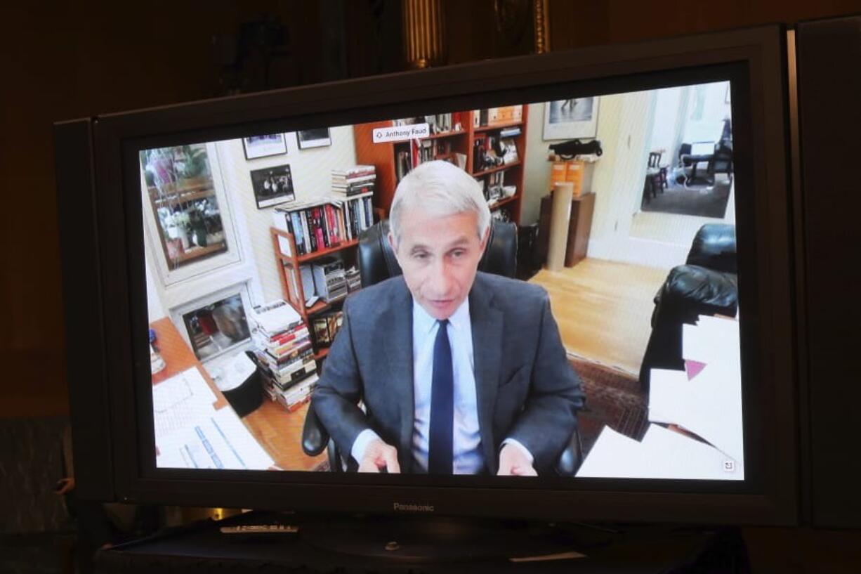 Dr. Anthony Fauci, director of the National Institute of Allergy and Infectious Diseases speaks remotely during a virtual Senate Committee for Health, Education, Labor, and Pensions hearing, Tuesday, May 12, 2020 on Capitol Hill in Washington.