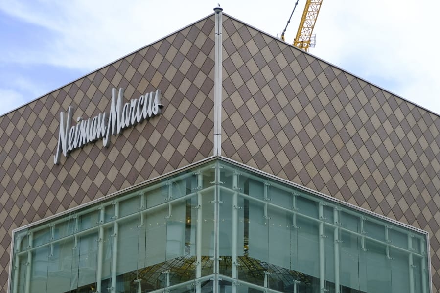 FILE - This Friday, April 17, 2020, file photo, shows the Neiman Marcus department store at Union Square in San Francisco. Neiman Marcus, the 112-year-old storied luxury department store chain, is seeking Chapter 11 bankruptcy protection, the first department store to be toppled by the coronavirus pandemic.  As part of the bankruptcy filing, Neiman Marcus says it has secured $675 million in financing from creditors to keep operating during the restructuring, holding over two-thirds of the company&#039;s debt.