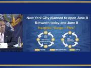 In this image made from video provided by the office of Gov. Andrew M. Cuomo, Gov. Cuomo updates the media on New York&#039;s coronavirus response, Saturday, May 30, 2020 in New York. (Office of Governor Andrew M.