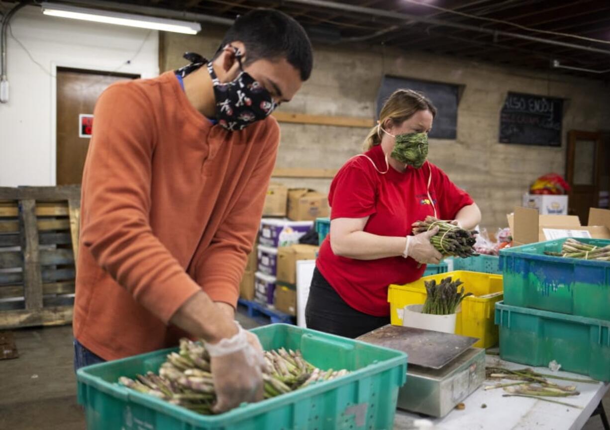 FILE - In this April 10, 2020 file photo, Missael Lopez, left, and Laura McIlrath Riel bundle asparagus at McIlrath Family Farm stand in Yakima, Wash., during the coronavirus outbreak.