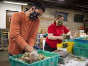 FILE - In this April 10, 2020 file photo, Missael Lopez, left, and Laura McIlrath Riel bundle asparagus at McIlrath Family Farm stand in Yakima, Wash., during the coronavirus outbreak.