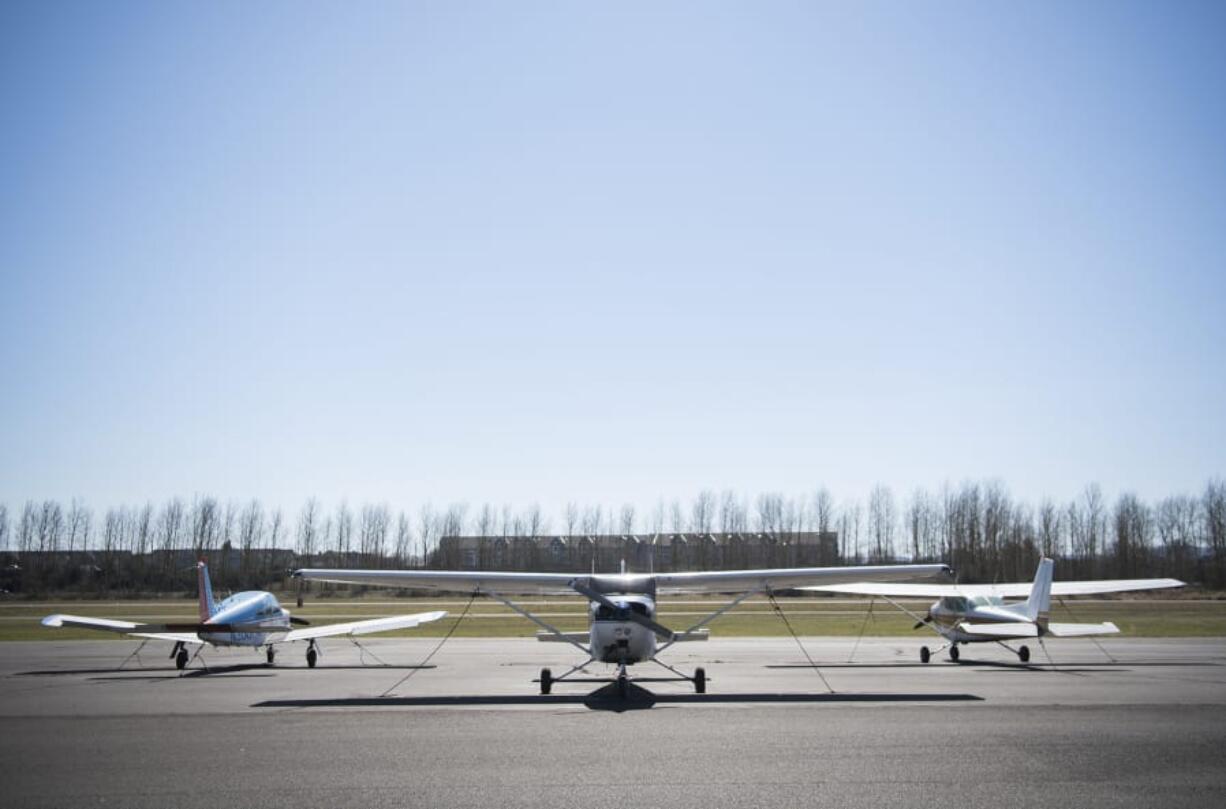 Planes are parked near the runway at Pearson Field in March 2019.