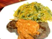 Strip Steak With Romesco Sauce and Spiral Zucchini and Butternut Squash.