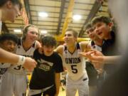 Spencer McGuire (third from left) tried out for the Union High School basketball team at the urging of Tanner Toolson (5) (Samuel Wilson for The Columbian)