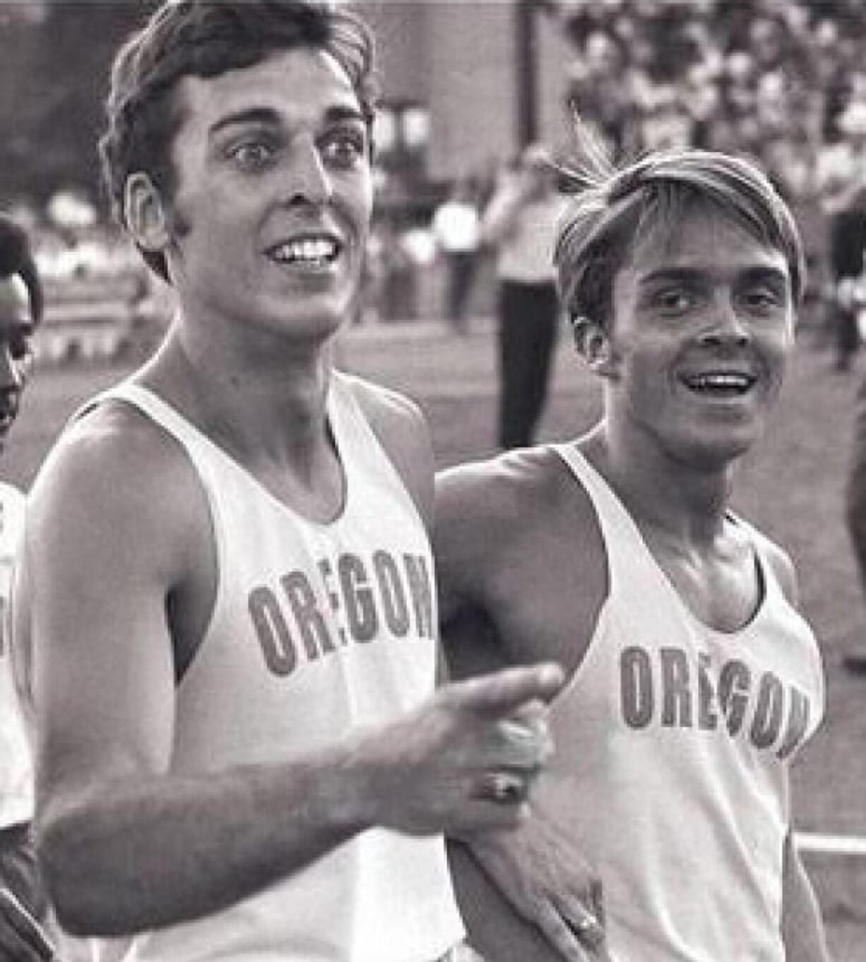 Rosoe Devine, left, with Steve Prefontaine at the Oregon Twilight meet in 1970 at Hayward Field.