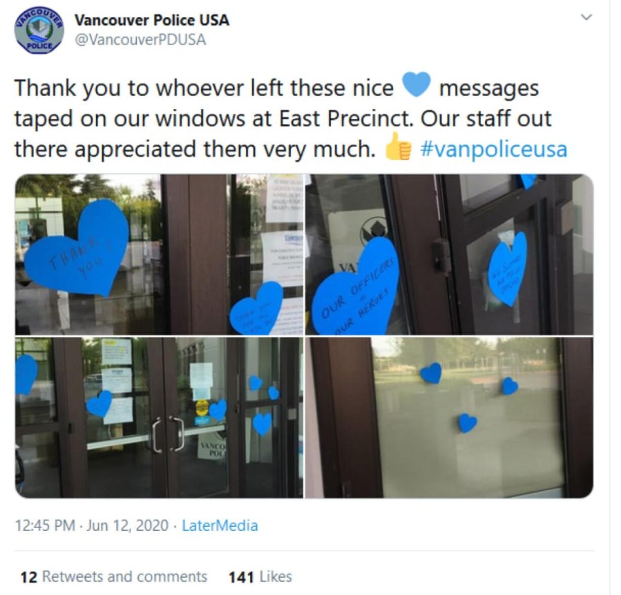 In a June 12 post on Twitter, the Vancouver Police Department thanks community members for leaving words of support in blue hearts outside the department&#039;s east precinct. Community members gathered again Wednesday to honor officers at both precincts. The show of support devolved into controversy afterward, however, when the decorations were removed and an anonymous author on a law enforcement site accused Vancouver Police Chief James McElvain of ordering their removal and calling them divisive.