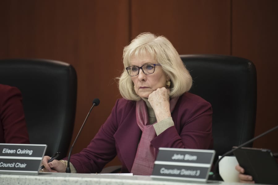 Clark County Council Chair Eileen Quiring listens during a council meeting in 2019.