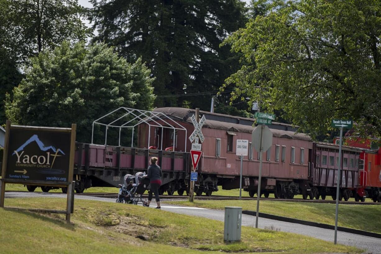 A train near the Chelatchie Prairie Railroad station in Yacolt is at a standstill.