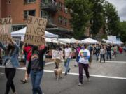 About a hundred community members march through the Vancouver Farmers Market to advocate and celebrate the Black queer and transgender community. Southwest Washington Communities United for Change founder and President Lexi Bongiorno said she wanted to create an opportunity for the community to celebrate Pride but also stay aligned and honor the Black Lives Matter movement.