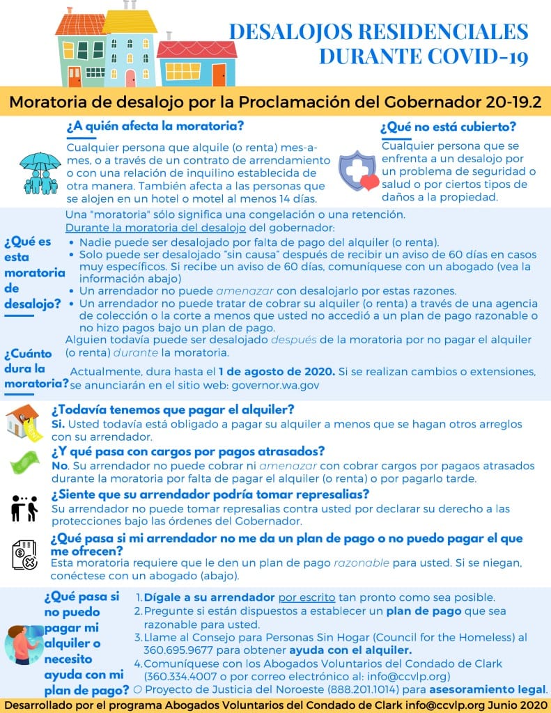 The Clark County Volunteer Lawyers Program created this cheat sheet to help tenants understand the state's eviction moratorium. PDF