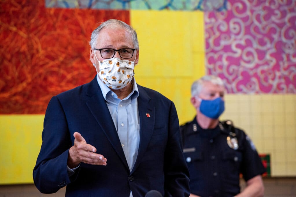 Washington Gov. Jay Inslee speaks at the Columbia Basin College campus in the Tri-Cities on Tuesday June 30, 2020 about the spread of the coronavirus in Benton and Franklin counties.