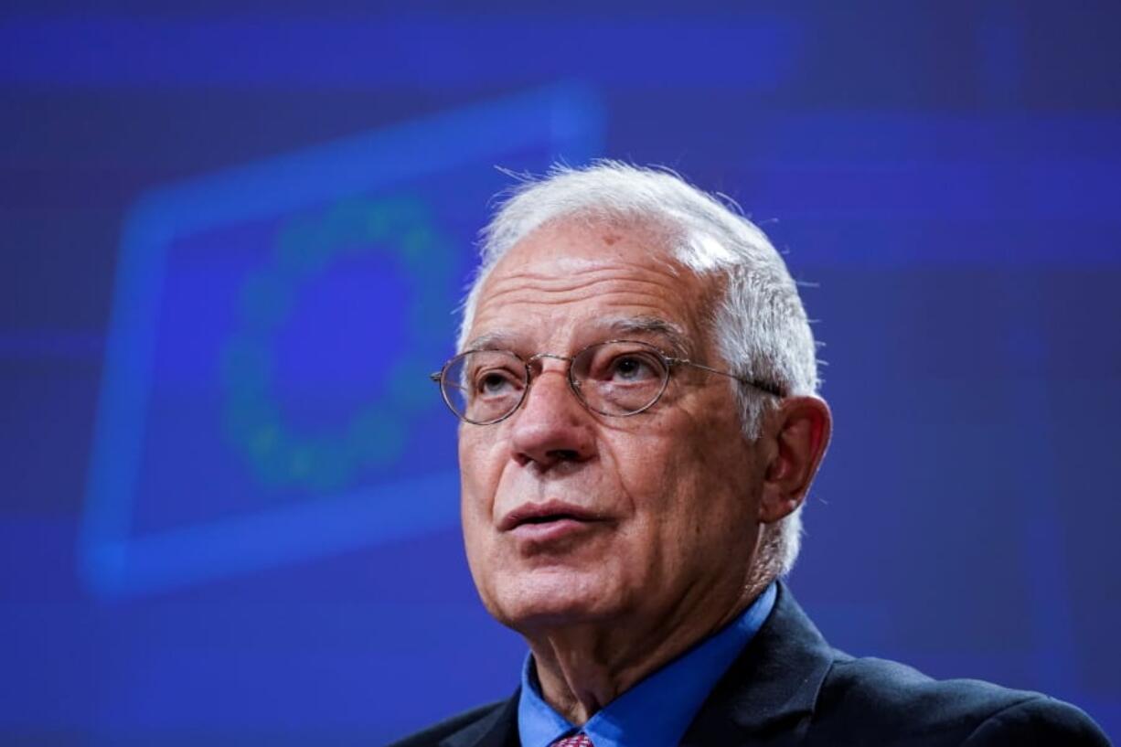 European Union foreign policy chief Josep Borrell addresses an online press conference following an EU-China Strategic Dialogue video meeting with senior Chinese representatives at EU headquarters in Brussels, Tuesday, June 9, 2020. Tensions between China and the bloc have risen in recent months, notably over allegations that Beijing might be trying to influence EU officials.