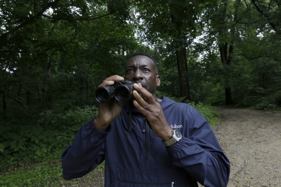 Keith Russell, program manager of urban conservation at Audubon Pennsylvania, lowers his binoculars while conducting a breeding bird census June 5 at Wissahickon Valley Park in Philadelphia.