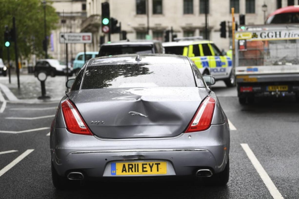 Damage to Britain&#039;s Prime Minister Boris Johnson&#039;s car after a man ran in front of it as it left the Houses of Parliament, in London, Wednesday June 17, 2020. The prime minister&#039;s office confirmed Johnson was in the car and that there were no reports of any injuries.