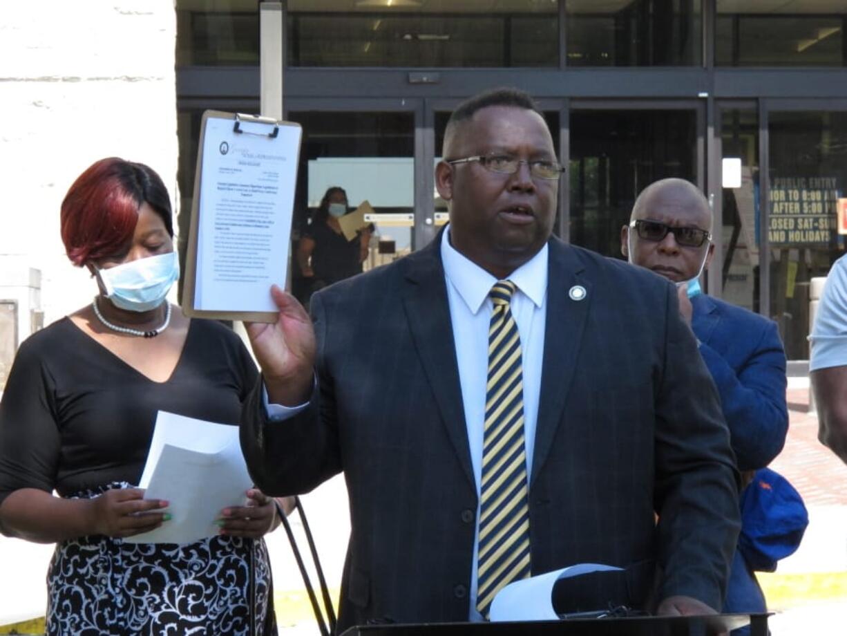 State Rep. Carl Gilliard addresses a news conference in Savannah, Ga., on Friday, June 5, 2020, calling for the legislature to repeal the state&#039;s 19th-century citizen arrest law. A Georgia prosecutor in April cited the 1863 law in a legal opinion that concluded the pursuit and fatal shooting of Ahmaud Arbery were justified. The Georgia Bureau of Investigation and a subsequent prosecutor who took over the case disagreed and charged three white men who chased Arbery with felony murder in his death on Feb. 23, 2020.