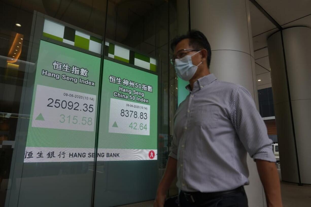 A man wearing a face mask walks past a bank electronic board showing the Hong Kong share index at Hong Kong Stock Exchange Tuesday, June 9, 2020. Asian shares were mixed on Tuesday after the Nasdaq hit a record high.