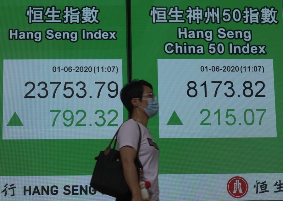 A woman wearing a face mask walks past a bank electronic board showing the Hong Kong share index at Hong Kong Stock Exchange Monday, June 1, 2020. Asian stock markets have rebounded after U.S. President Donald Trump avoided reigniting a trade war with China amid tension.