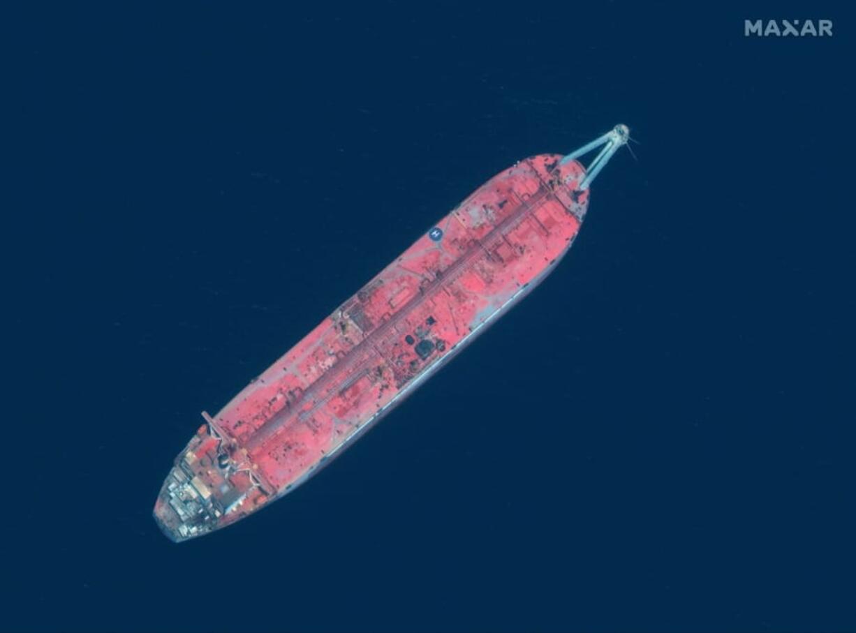 This satellite image provided by Manar Technologies taken June 17, 2020, shows the FSO Safer tanker moored off Ras Issa port, in Yemen. Houthi rebels are blocking the United Nations from inspecting the abandoned oil tanker loaded with more than one million barrels of crude oil. UN officials and experts fear the tanker could explode or leak, causing massive environmental damage to Red Sea marine life.