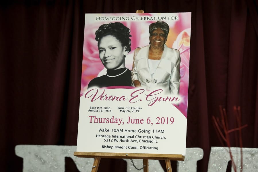 FILE - This June 11, 2019 file photo of a poster showing Verona Gunn is displayed during a press conference in Chicago.. Verona Gunn was an 84-year-old woman killed last May when two Chicago Police vehicles slammed into a car she was riding in. Crashes involving Chicago police vehicles that killed Gunn and a young mother last week, highlight the dangers of police speeding to crime scenes or during car chases.