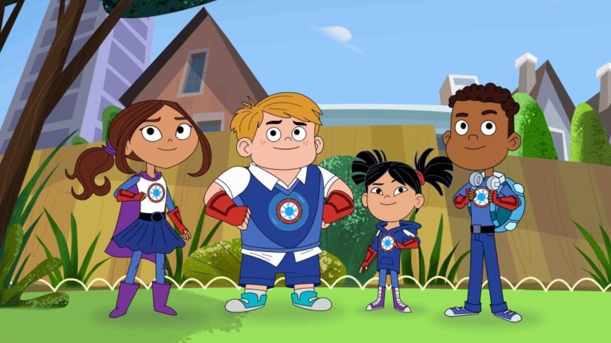 Characters from the TV series &quot;Hero Elementary,&quot; from left, Lucita Sky, Benny Bubbles, Sara Snap and AJ Gadgets, a superhero who has the ability to make super gadgets -- and who also happens to be on the autism spectrum. The series premiered Monday on PBS.