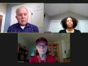 Clark County Sheriff Chuck Atkins, clockwise from left, joined Shareefah Hoover and Tracy Kelly for a Q&A session as part of NAACP Vancouver’s virtual Juneteenth Celebration on Saturday.