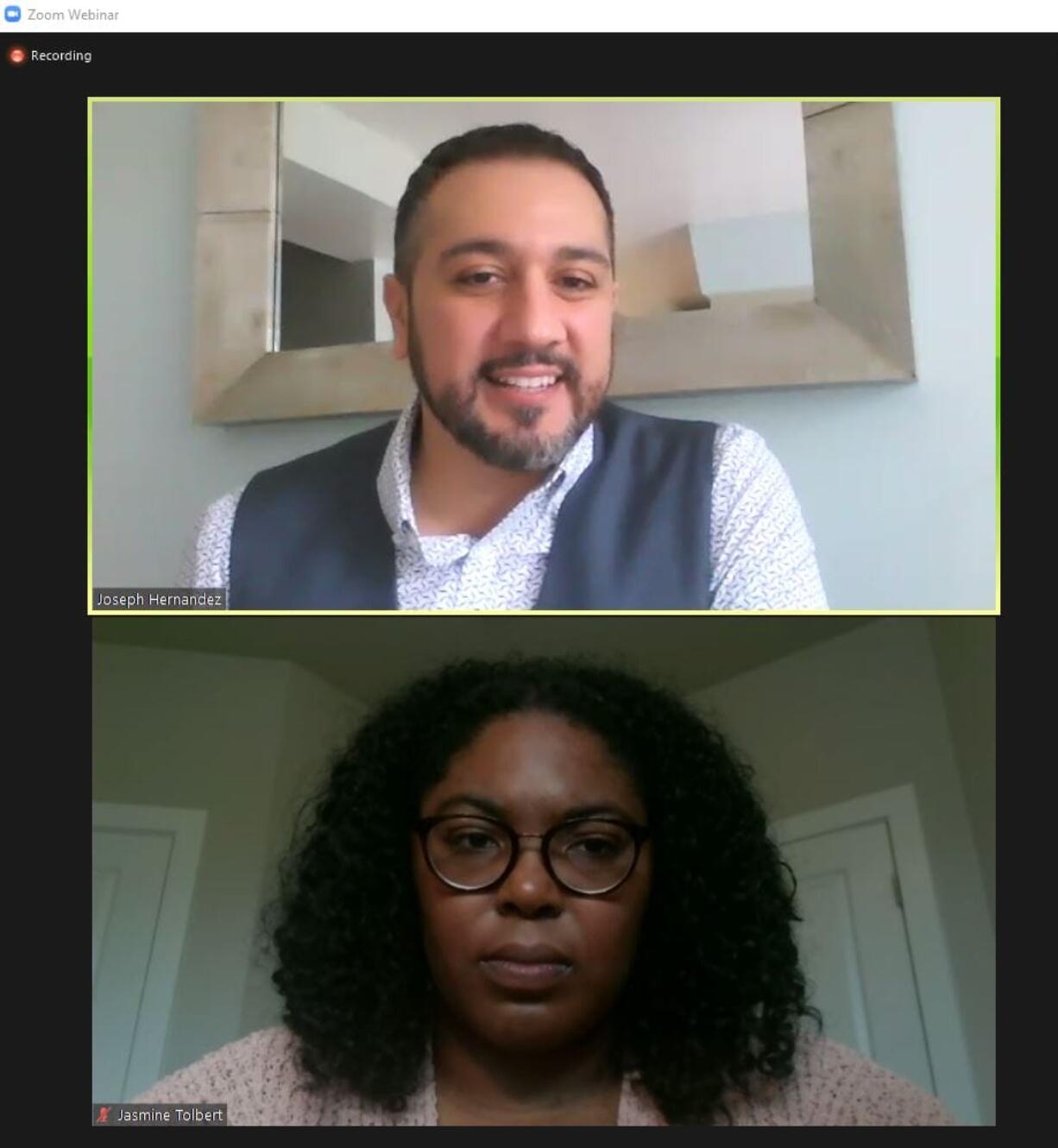 NAACP Vancouver Vice President Jasmine Tolbert (lower box) introduces Joseph Hernandez (upper box) to speak during the closing portion of the NAACP Vancouver’s virtual Juneteenth Celebration on Saturday.