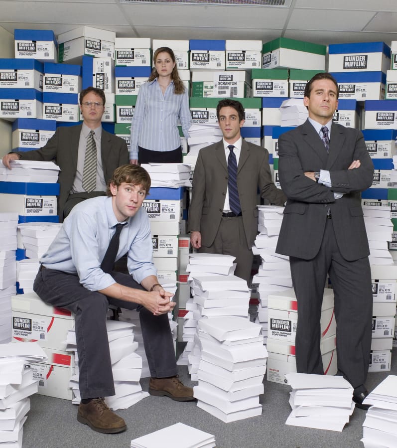 John Krasinski, from left, Rainn Wilson, Jenna Fischer, B.J. Novak and Steve Carell in NBC&#039;s &quot;The Office.&quot; An episode of &quot;The Office&quot; has been edited to remove a scene featuring a character in blackface.