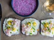 Window light illuminates the cocktail shrimp open-faced sandwiches that are popular along with chlodnik, chilled beet soup with kefir.