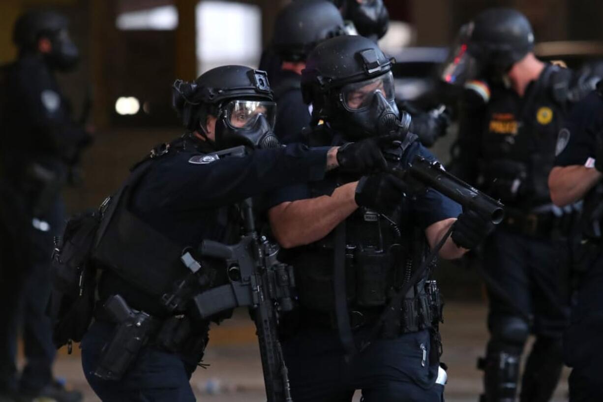 Police officers in downtown Fort Lauderdale, Florida, during a protest on May 31, 2020.