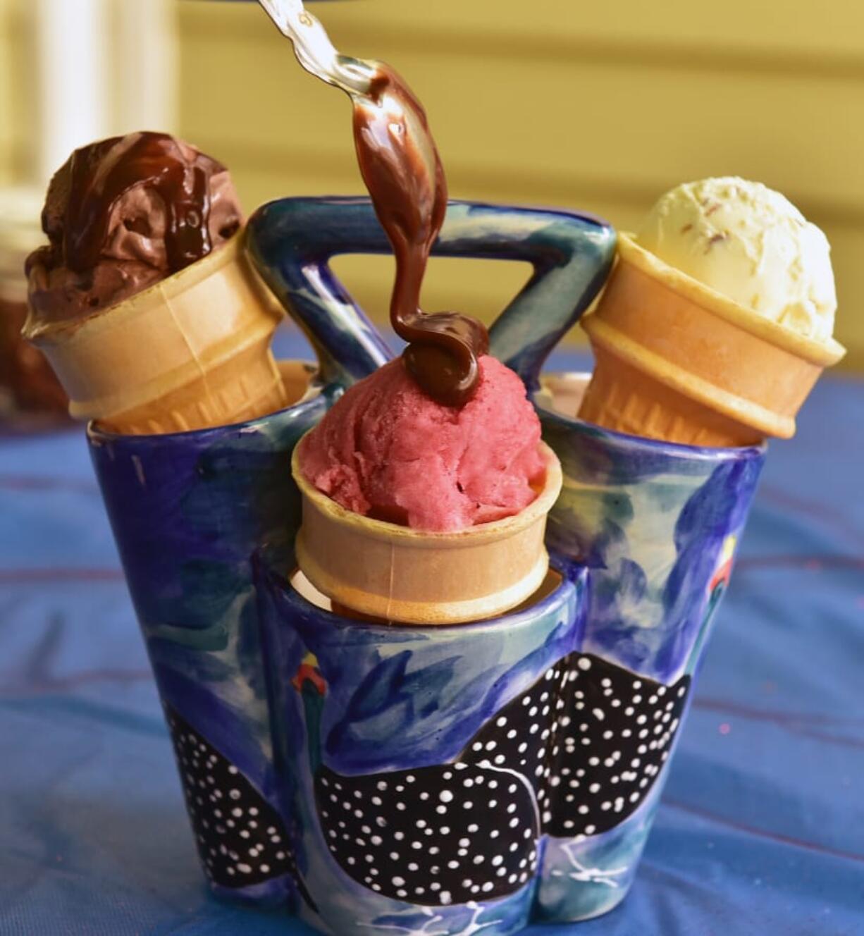 Nutella fudge sauce can be crowned with sprinkles, pretzels or pistachios and served with a variety of ice creams, like chocolate, hibiscus-rhubarb sorbet and banana ice creams pictured here.