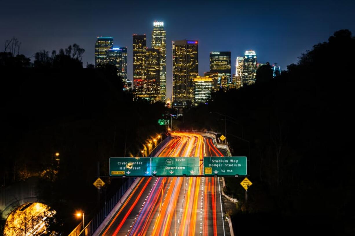 View of the 110 Freeway and downtown Los Angeles Skyline at night, from the Park Row Drive Bridge, in Los Angeles. Snap, Beyond Meat and Dollar Shave Club are among the Los Angeles companies participating in PledgeLA, a regional initiative to help members diversify their workforces.