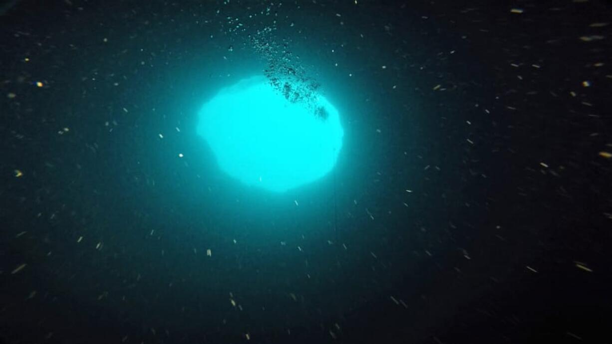 A diver&#039;s view looking up to the opening of Amberjack Hole. It is a &quot;blue hole,&quot; which is the name for sink holes that occur in the ocean.