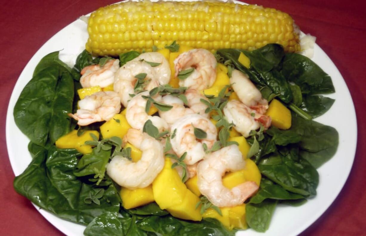 Florentine Shrimp Mango Salad with Sweet Corn on the Cob.