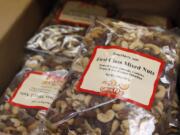 Detail of the First Class Mixed Nuts for sale at GNS Foods in Arlington, Texas on Tuesday, July 28, 2020. GNS Foods sold 12 million pounds of nuts to airlines last year that were dished out warm as a premium service to first class customers, particularly American Airlines. Sales to airlines has dropped dramatically due to the stoppage of serving nuts due to the COVID-19 pandemic.