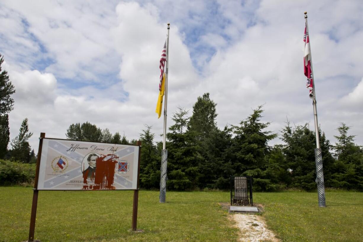 Vandals recently damaged a sign at Jefferson Davis Park, a Confederate monument near Ridgefield.