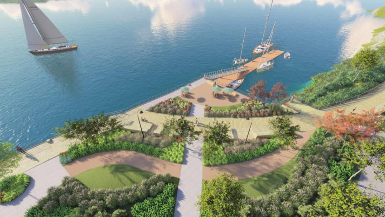 Concept art shows the future Rotary Way walkway through the Vancouver Landing site at Terminal 1. The walkway is the wider, lighter pathway that passes diagonally through the western end of the pier.