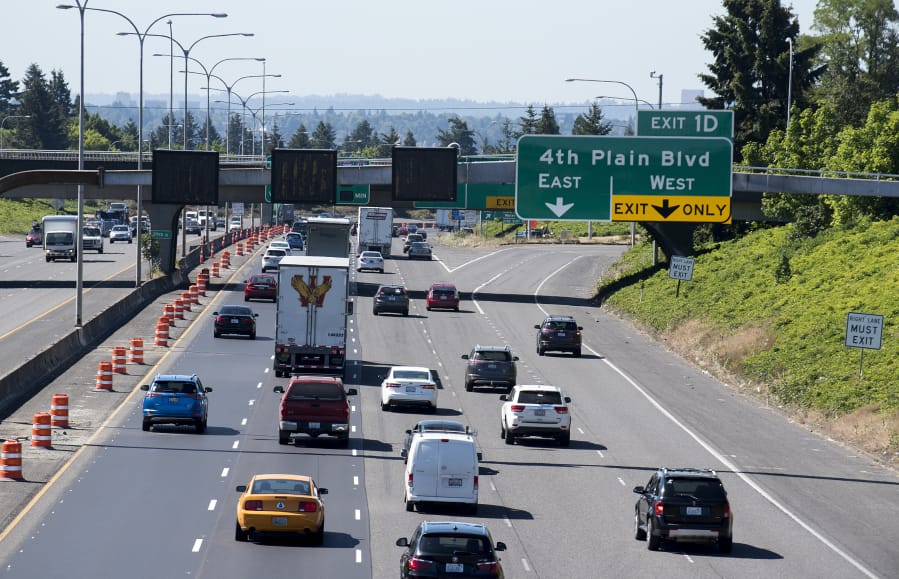 Motorists travel southbound on Interstate 5 through Vancouver.