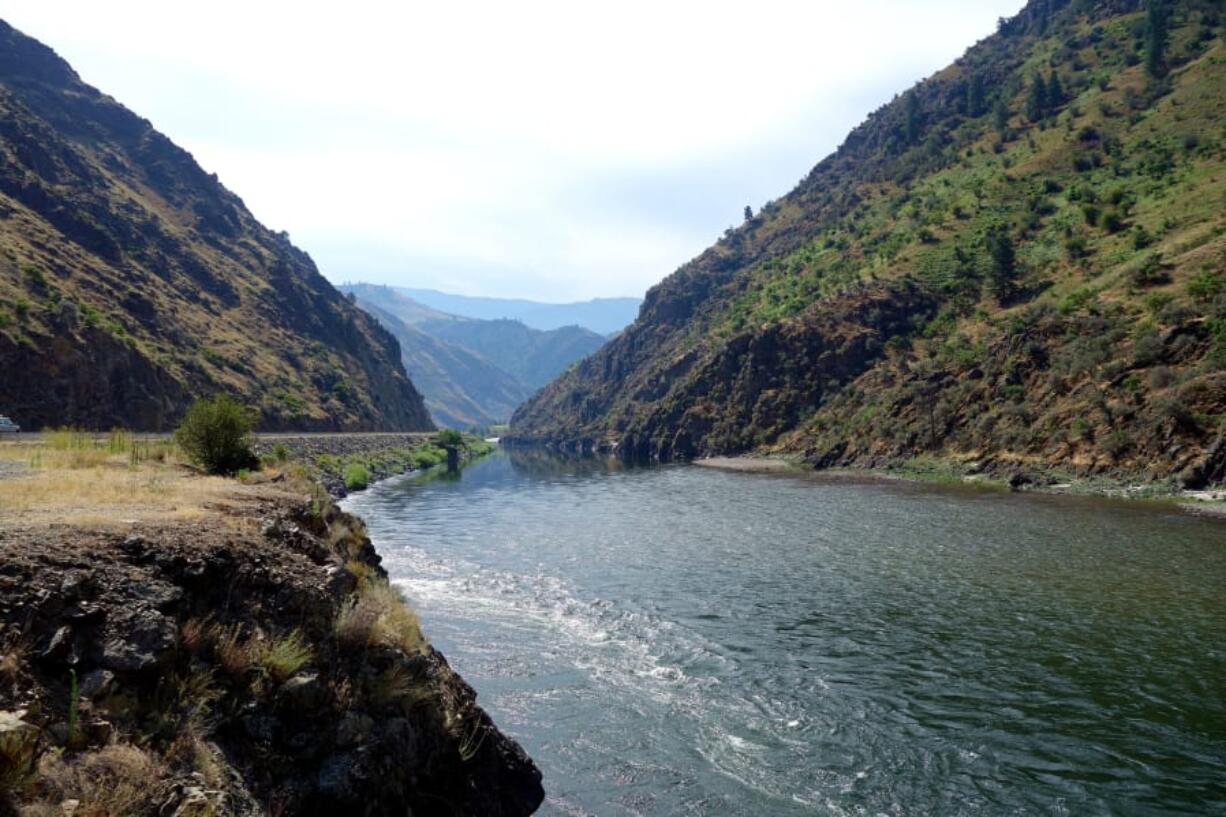 An view down the large ravine of the Salmon River in Central Idaho looking out toward the mountains of the Payette National Forest.